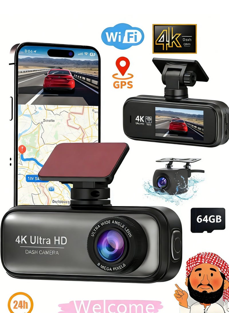 4K Dash Cam with 64GB SD Card for Car 3840*2160P Dual Lens Support 1080P Rear Camera, G-Sensor, Loop Recording, WIFI GPS 24H Parking Monitoring, Night Vision - Image 1